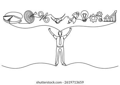Continuous one line drawing of Businessman with floating business icon. Single line drawing illustration of Young businessman. Success business concept vector art. Doodle line illustration.