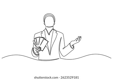 Desenho contínuo de uma linha de empresário segurando fã de dinheiro. Ilustração de desenho de linha única de Empresário segurando dinheiro. Empresário de sucesso conceito vetor arte. ilustração linha Doodle.