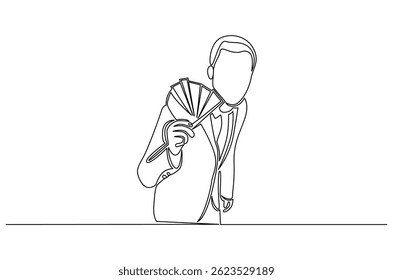 Continuous one line drawing of Businessman holding fan of money. Single line drawing illustration of Businessman holding money. Successful businessman concept vector art. Doodle line illustration.