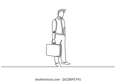 Continuous one line drawing of Businessman carrying briefcase. Single line drawing illustration of Businessman holding a premium leather bag. Businessman concept vector art. Doodle line illustration.