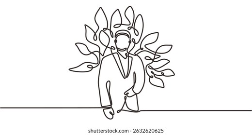 Continuous One Line Drawing Businessman Plant Suit. Green Business Eco Friendly Leader. Sustainable Corporate.