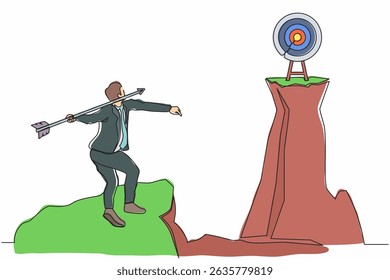 Continuous one line drawing businessman standing on peak of cliff targeting dartboard with big arrow. Businessman aiming target on cliff. Success business metaphor. Single line design vector graphic