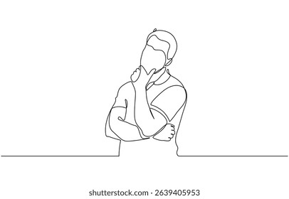 Continuous one line drawing of businessman thinking with his hand on his chin, Crossing left arm,right hand touching at chin. Man pose thinking in single line draw illustration. Editable stroke.