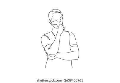 Continuous one line drawing of businessman thinking with his hand on his chin, Crossing left arm,right hand touching at chin. Man pose thinking in single line draw illustration. Editable stroke.
