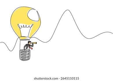 Empresário de desenho contínuo de uma linha monta balão de ar quente em forma de lâmpada, olha através usando monocular. Intuição. Ideia. Dia Nacional da Criatividade. Ilustração de vetor de design de desenho de linha única