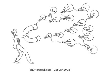Continuous one line drawing a businessman holds big magnet attracting various sized lightbulbs. Collecting many solutions. Idea. National Creativity Day. Single line draw design vector illustration