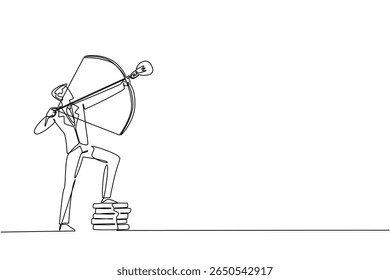 Uma linha contínua desenhando uma seta de tiro com arco de empresário com ponta de lâmpada, um pé descansando sobre uma pilha de moedas. Visando o lucro. Dia Nacional da Criatividade. Ilustração de vetor de design de desenho de linha única
