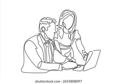 Uma linha contínua desenhando homem de negócios e mulher tendo uma discussão. Conceito de atividades comerciais. Desenho de linha única desenho vetor gráfico ilustração.Mão desenhado uma linha vetor. Traçado editável	
