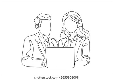 Continuous one line drawing businessman and woman having a discussion. Business activities concept. Single line draw design vector graphic illustration.Hand drawn one line vector. Editable stroke	
