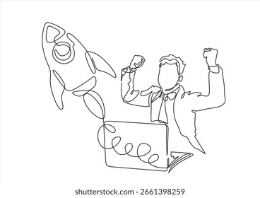 Desenho contínuo de uma linha de empresário olhando para foguete levantando de laptop, start-up de negócios ou conceito de inovação, arte de linha única. Traçado editável