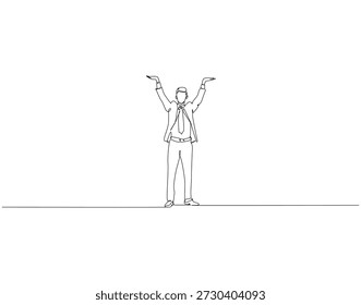 Desenho contínuo de uma linha de empresário levantando as mãos para cima. Uma ilustração de desenho de linha de homem levantando a mão. conceito de sucesso empresarial linha única. Contorno editável