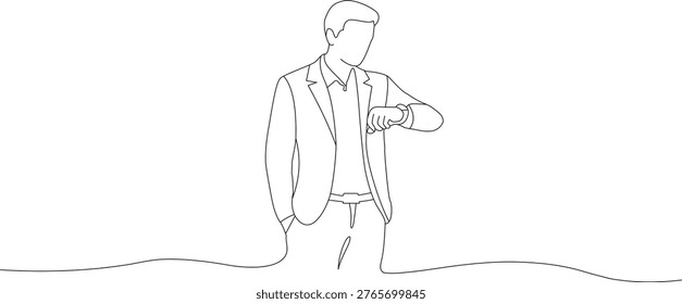 Continuous one line drawing of businessman checking time on his watch. Outline style. Doodle hand drawn vector illustration