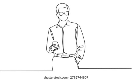 continuous one line drawing of businessman using smartphone, minimalist corporate professional with mobile device in elegant linear outline style, modern vector illustration