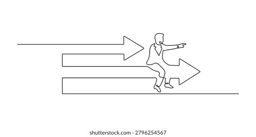 Continuous one line drawing of a businessman riding an upward arrow representing business growth and success