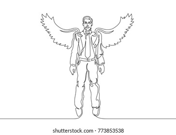 Continuous one line drawing of a businessman with wings. A soaring dreaming man in a suit and tie. Flight of fantasy, liberation to soar.
