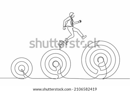 Continuous one line drawing businessman jumping up higher target career goals. The business next target. Planning and successful. Business metaphor. Single line draw design vector graphic illustration