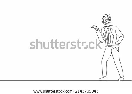 Continuous one line drawing businessman with round scribbles instead of head. Angry male arguing, conflicting. Quarrel, fight aggressive person. Blaming, criticizing. Single line draw design vector