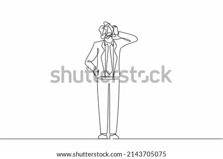 Continuous one line drawing businessman with round scribbles instead of a head. Doubting man standing and thinking, unsatisfied serious worrying human. Single line design vector graphic illustration