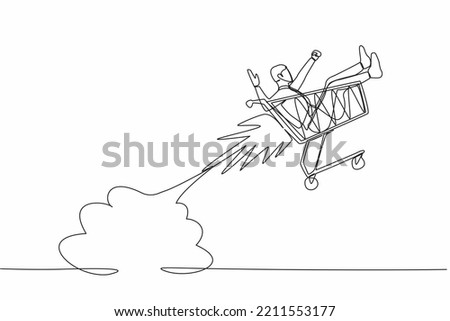 Continuous one line drawing businessman riding shopping trolley rocket flying in the sky. Happy man in supermarket, spare time, leisure, vacation, fun. Single line graphic design vector illustration