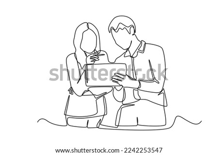 Continuous one line drawing businessman and woman discussing about sales on tab or analyze data for marketing plan. Communication concept. Single line draw design vector graphic illustration.
