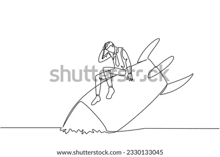 Continuous one line drawing of businessman sits downcast on a swooping rocket stranded and stuck at ground level. The new business was destroyed. Unable to pay bills. Single line draw design vector