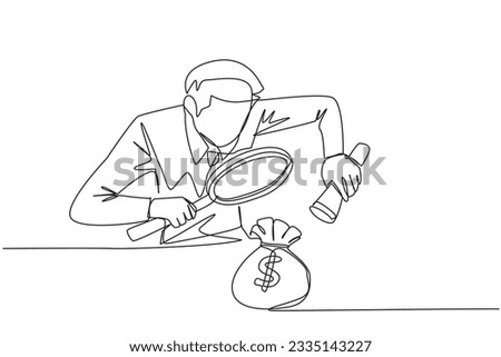 Continuous one line drawing businessman holds a magnifier and flashlight, then checks the money bag. Investigate money bag ownership. Style like detective. Single line draw design vector illustration
