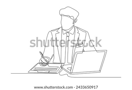Continuous one line drawing of businessman writing sheet on clipboard while sitting in front of laptop, single line art.