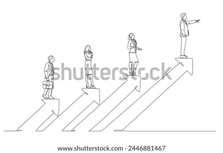 Continuous one line drawing of businessman leading colleagues on growth arrow, leadership and teamwork concept, single line art.