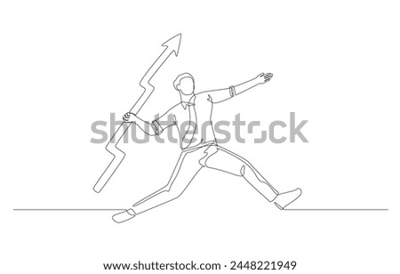 Continuous one line drawing of businessman throwing arrow into sky, business growth or sales increase concept, single line art.