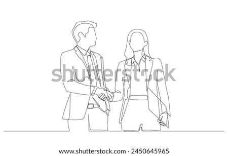 Continuous one line drawing of businessman shaking hands with businesswoman to make agreement on work, cooperation, partnership, business deal concept, single line art.