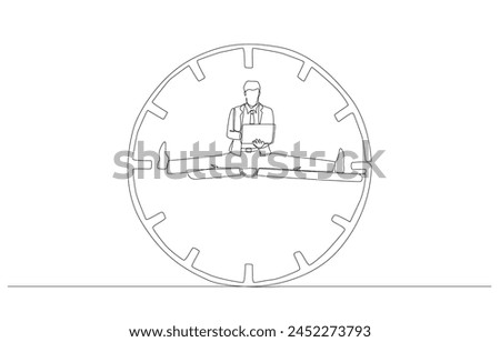 Continuous one line drawing of businessman sitting with legs spread on clock hands and working with laptop, flexible working concept, single line art.