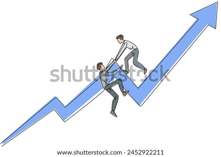 Continuous one line drawing businessman helps colleague to climb the rising arrow symbol. Help each other to achieve satisfactory targets. Grow together. Single line draw design vector illustration