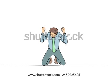 Continuous one line drawing businessman kneeling like praying. Lost hope. Businesses will bankrupt if fail to get bona fide clients. Gesture of surrender. Single line draw design vector illustration
