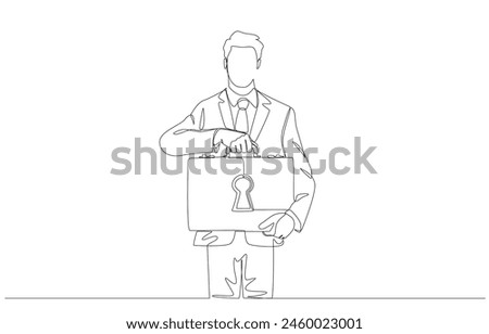 Continuous one line drawing of businessman holding briefcase with keyhole symbol, business secret concept, single line art.