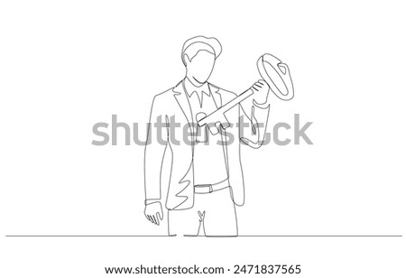Continuous one line drawing of businessman insert key into keyhole in his body, unlocking personal skills  concept, single line art.