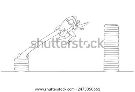 Continuous one line drawing of businessman with rocket booster soaring to higher coin stack, skill development to increase salary concept, single line art.