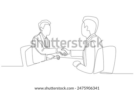 Continuous one line drawing of businessman shaking hands with business partner, business agreement concept, single line art.