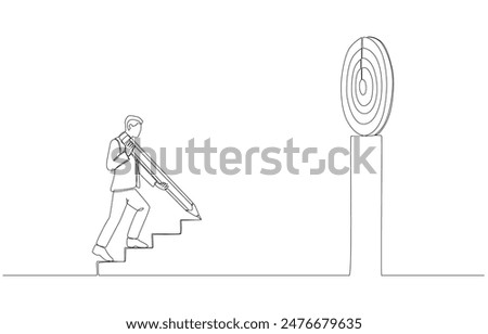 Continuous one line drawing of businessman drawing stair to target, ambition to reach business goal concept, single line art.