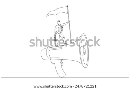 Continuous one line drawing of businessman standing on megaphone to raise flag, successful business communication, single line art.