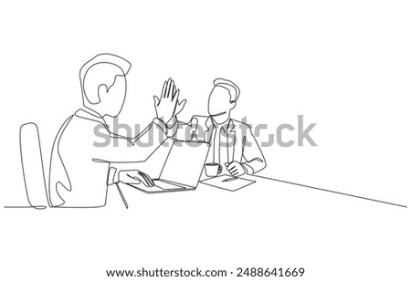 Continuous one line drawing of businessman and colleague giving high five gestures to support business plan, idea support, encouragement in work concept, single line art.