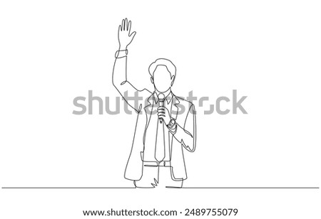 Continuous one line drawing of businessman speaking into microphone and raising hand, business seminar mc concept, single line art.