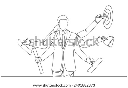 Continuous one line drawing of businessman with multiple hands doing multiple works at once, multitasking skill, work efficiency concept, single line art.