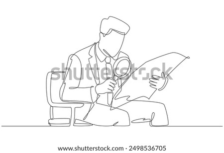 Continuous one line drawing of businessman using magnifying glass to read newspaper, screening out fake news concept, single line art.