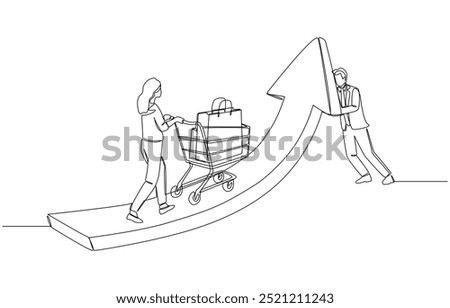 Continuous one line drawing of businessman pushing arrow up while woman pushing shopping cart up following arrow, stimulation of consumer spending concept, single line art.