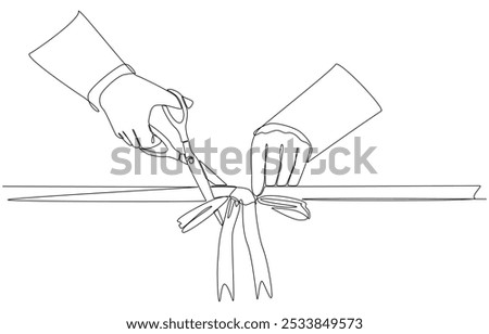 Continuous one line drawing of businessman cutting ribbon for grand opening, ribbon cutting ceremony for opening event or company concept, single line art.