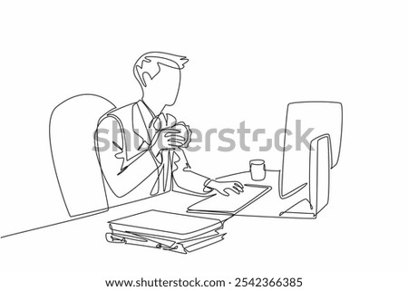 Continuous one line drawing businessman typing on keyboard while holding burger in one hand. Making meeting slides while having breakfast. Deskfast Day. Single line draw design vector illustration