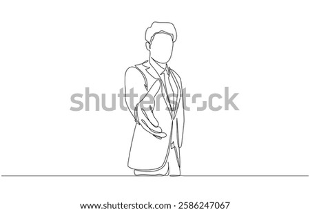 Continuous one line drawing of businessman stretching out hand to welcome new business partner, business greeting, welcoming new company employee concept, single line art