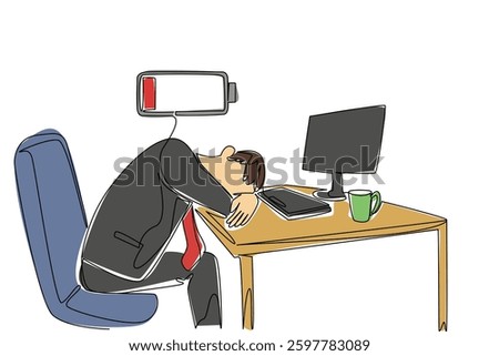 Continuous one line drawing a businessman sleeping at his desk. Take a break. Get back in the business mood. Warm coffee. Chronic Fatigue Syndrome Day. Single line draw design vector illustration