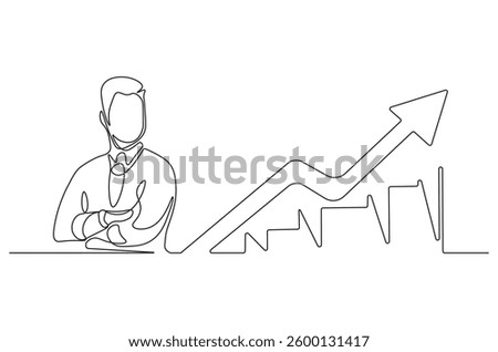 Continuous one line drawing of businessman standing at growing graph presentation. Single line drawing illustration growth chart. Business growth concept vector art. Doodle line illustration. 