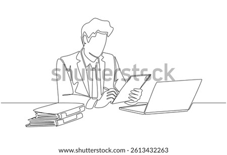 Continuous one line drawing of businessman signing documents online on tablet, leveraging digital technology to facilitate business concept, single line art